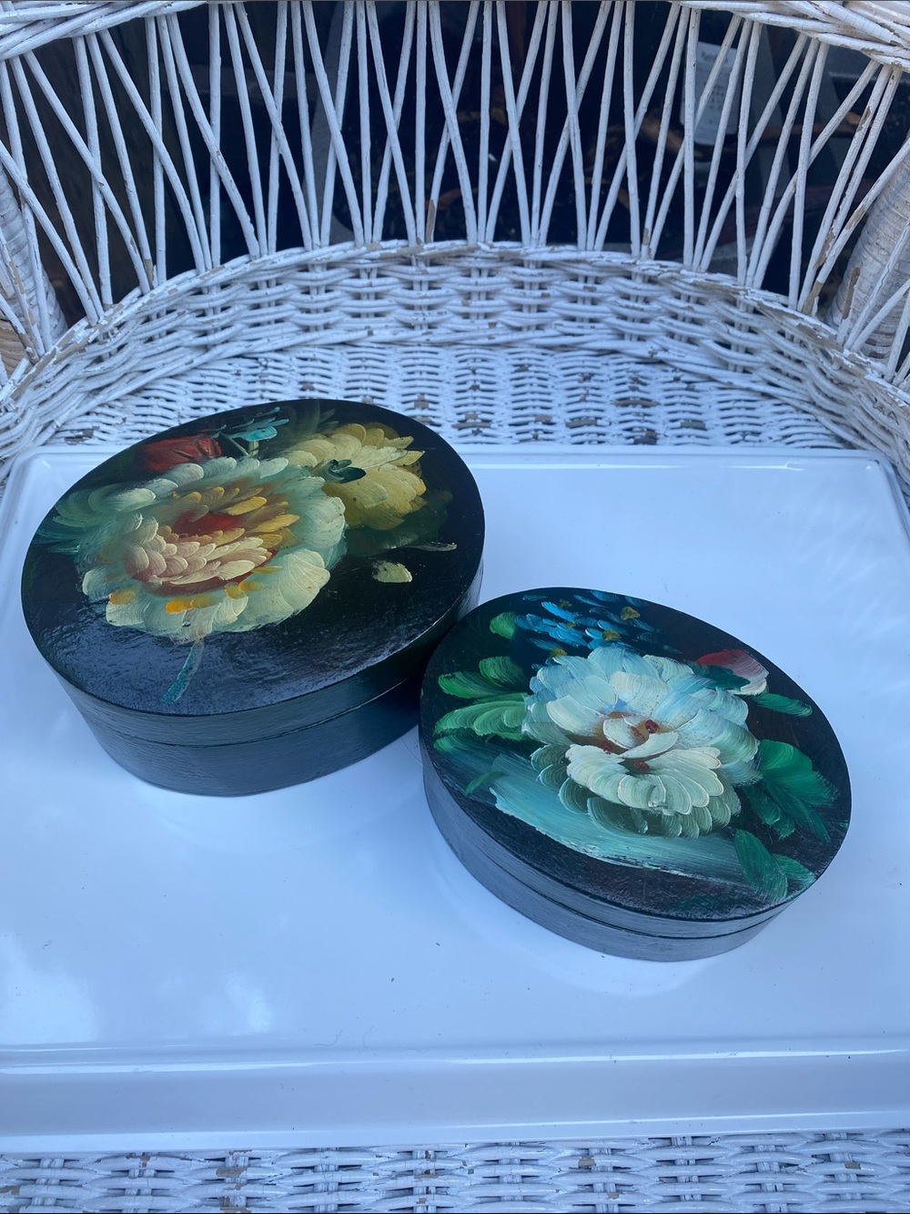 Vintage Hand-Painted Floral Decorative Box Set - Black with Multicolor Flowers
